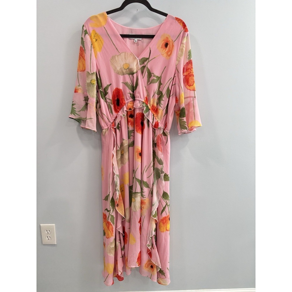 Gibson Latimer Floral Midi Dress Pink V Neck Elastic Waist L Garden Party